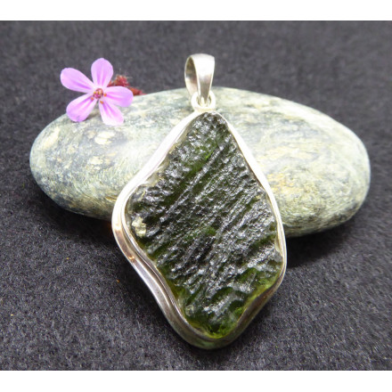 Moldavite Silver Pendant with a free shape